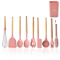 Pink silicone kitchen utensil set with wooden handles, including spatula, whisk, spoon and holder. - 11-Piece Set Style 3
