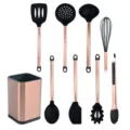 Juego de utensilios de cocina de silicona con mangos de oro rosa y cubo de almacenamiento. - Juego De 9
