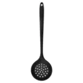 Black silicone slotted spoon with extended handle for kitchen cooking and draining. SKU item. - Skimmer / Black