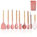 Pink silicone kitchen utensil set with wooden handles 10-piece non-stick cooking tools with holder - 11-Piece Set Style 4