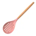 Pink silicone slotted spoon with wooden handle for home kitchen cooking and baking tools. - Skimmer