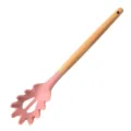 Pink silicone pasta spoon with wooden handle, heat-resistant kitchen spaghetti server tool. - Pasta Server