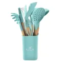 Mint green silicone kitchen utensil set with wooden handles and storage holder for home cooking. - 12pcs Set
