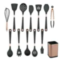 13-piece silicone kitchen utensil set with rose gold accents and storage holder bucket. - Dark Gray 13-Piece Set with Storage Bucket