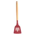 Red silicone slotted spatula with wooden handle, heat resistant cooking kitchen tool variant. - Slotted Spatula