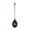 Cuchara espumadera de silicona negra con mango de metal oro rosa para cocina moderna. - Cuchara Ranurada