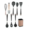 Black silicone kitchen utensil set with rose gold accents, cooking tools and storage holder. - Dark Gray 9-Piece Set with Storage Bucket