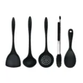 Black silicone kitchen utensil set featuring ergonomic spatula, soup ladle, slotted spoon, tongs. - Set / Black