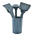 Grey silicone kitchen utensils set with storage holder, heat resistant cooking spatula tools. - 6-Piece Set / Blue