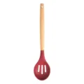 Silicone slotted spoon with wooden handle red kitchen cooking tool nonstick cookware friendly - Slotted Spoon