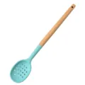 Silicone slotted spoon with wooden handle, heat resistant kitchen cooking tool in light blue. - Slotted Spoon
