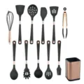 13-piece black silicone kitchen utensil set with rose gold handles and holder storage. - Dark Gray 12-Piece Set with Storage Bucket