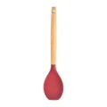 Red silicone cooking spoon with wooden handle, durable kitchen utensil for nonstick cookware. - Broad Scraper