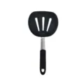 Silicone slotted spatula, black kitchen cooking tool with stainless steel handle, variant. - Chinese Slotted Turner