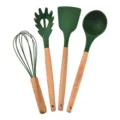 4-piece silicone kitchen utensil set with wooden handles, non-stick cookware friendly, green. - Green
