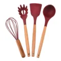 4-piece silicone kitchen utensil set with wooden handles, red spatula and soup ladle tool. - Burgundy