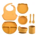 Silicone baby feeding set 8-piece toddler tableware with bib, divided plate, bowl and cup. - Yellow
