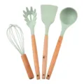 4-piece silicone kitchen utensil set with wooden handles, non-stick cookware friendly. - Cyan