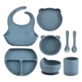 Baby silicone tableware set 8pcs grey blue infant feeding bowl bib spoon fork cup - Blue
