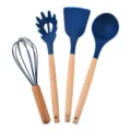 4-piece silicone kitchen utensil set with wooden handles, non-stick cookware spatula ladle. - Sapphire Blue
