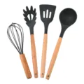 4-piece silicone kitchen utensils set with wooden handle non-stick spatula soup ladle whisk - Dark Gray