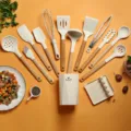 Silicone kitchen utensil set details, wooden handle spatula and whisk kitchen accessories. - 14 Piece Set