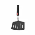 Silicone slotted cooking spatula with stainless steel neck and heat-resistant handle. - Large Slotted Turner