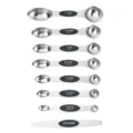 Stainless steel measuring spoons set with double ended design and leveler for kitchen baking. - 8-Piece Black Double-Ended Measuring Spoon Set with Color Box