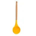 Yellow silicone soup ladle with natural wooden handle, ideal kitchen cooking tool. - Soup Spoon