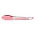 Stainless steel silicone food tong in pink, 9-inch kitchen BBQ and pastry serving tool. - Pink