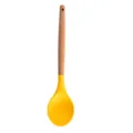 Yellow silicone cooking spoon with wooden handle, kitchen tool for easy food preparation and cooking. - Solid Spoon
