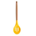 Yellow silicone slotted spoon with natural wooden handle, durable kitchen cooking utensil. - Slotted Spoon
