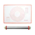 Silicone baking mat and adjustable stainless steel rolling pin set with measurement marks. - Red Silicone Mat + Rolling Pin