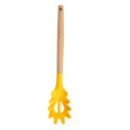 Yellow silicone pasta fork with wooden handle, ergonomic spaghetti server kitchen tool. - Pasta Server