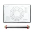 Silicone baking mat with measurement markings and adjustable stainless steel rolling pin set. - Black Silicone Mat + Rolling Pin