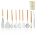 Set de utensilios de cocina de silicona con mangos de madera y soporte organizador. - Cubo de Almacenamiento Redondo Juego de 10 Piezas Estilo Tres