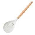 Espumadera de Silicona con Mango de Madera, Utensilio de Cocina Blanco para Sartén Antiadherente - Espumadera