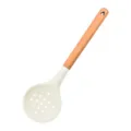 Silicone slotted spoon with wooden handle, heat resistant kitchen cooking tool for home use. - Skimmer