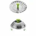 Edelstahl Dampfgareinsatz klappbar Lotus Design mit gruenem Griff Kueche Kochen 280mm - 11 Zoll Klappbarer Fuß Geschliffener Dampfgarbkorb