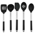 Edelstahl Silikon Küchenhelfer Set, hitzebeständige Kochutensilien mit ergonomischen Griffen. - 5-Teiliges Set #2 (Mit Farbkarton)