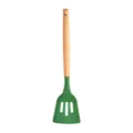 Green silicone slotted spatula featuring natural wooden handle for kitchen cooking. - Slotted Turner