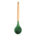 Green silicone soup ladle with natural wooden handle kitchen utensil single piece variant display. - Soup Spoon