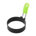 Stainless steel round fried egg mold with green silicone handle for breakfast cooking. - Green
