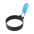 Black round stainless steel egg ring mold with blue silicone handle for breakfast cooking. - Blue