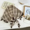Plaid triangular scarf with cute fringe lace, versatile vintage summer headscarf and neck tie. - 105*26cm / 04#-Light Coffee