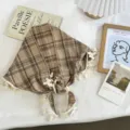 Brown plaid triangle scarf with cute white lace trim, stylish vintage hair band and neckerchief. - 105*26cm / No. 03 - Milk Coffee