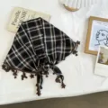 Black brown plaid triangular scarf with cute lace star charms for women stylish headwear. - 105*26cm / Black