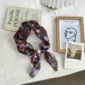 Vintage floral silk scarf neckerchief hair band with elegant pearl buckle detail shot. - Floral