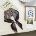 Retro printed silk square scarf with pearl ring, vintage floral neckerchief for women spring. - One Size / Coffee Blue