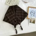 Retro pleated triangle headscarf with monogram pattern and pearl pendant for stylish women. - 110*35cm / Brown